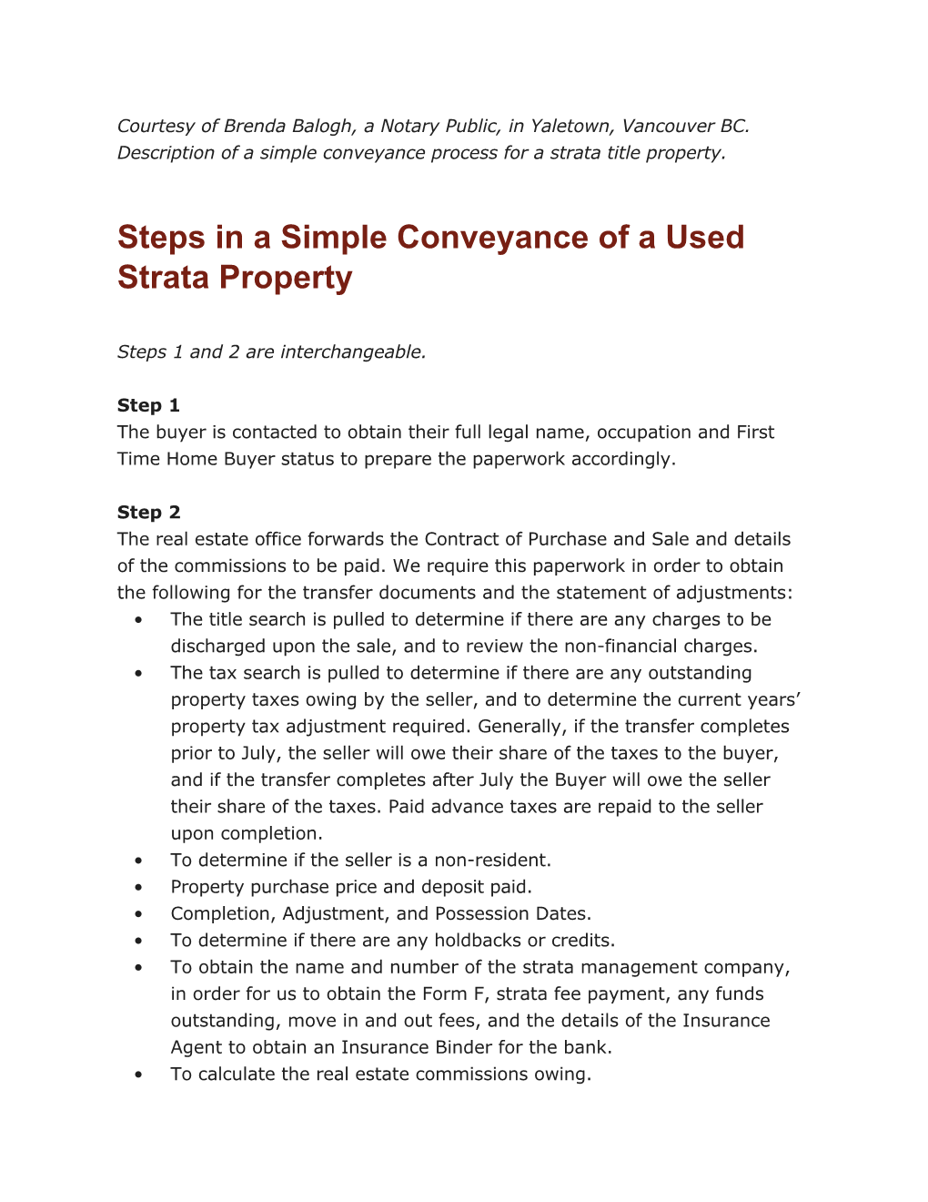 Steps in a Simple Conveyance of a Used Strata Property