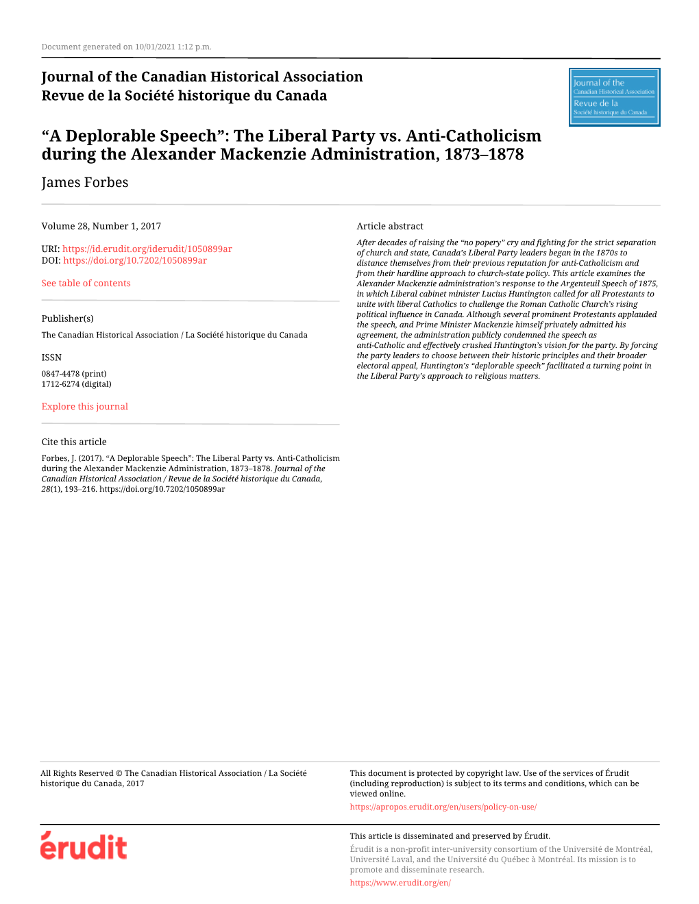 The Liberal Party Vs. Anti-Catholicism During the Alexander Mackenzie Administration, 1873–1878 James Forbes