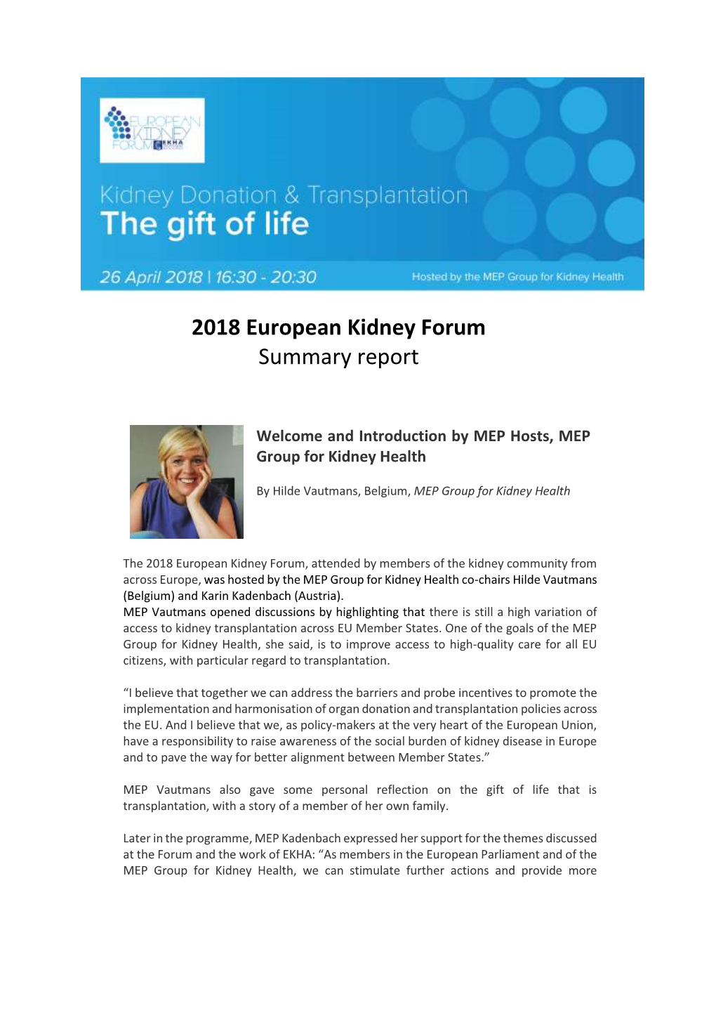 2018 European Kidney Forum Summary Report
