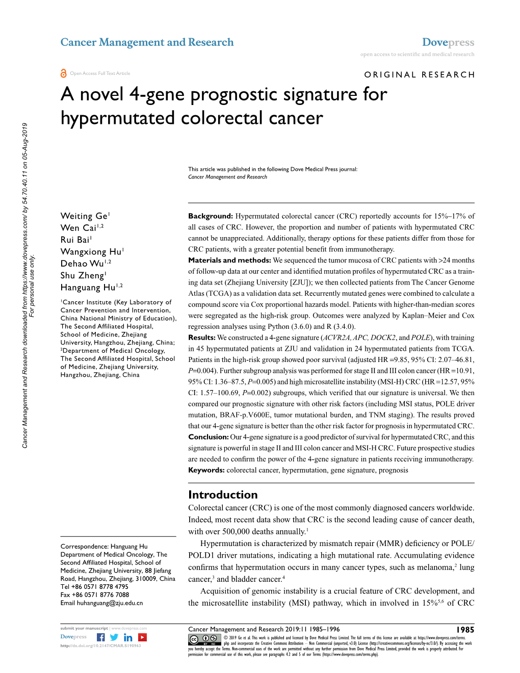 A Novel 4-Gene Prognostic Signature for Hypermutated Colorectal Cancer