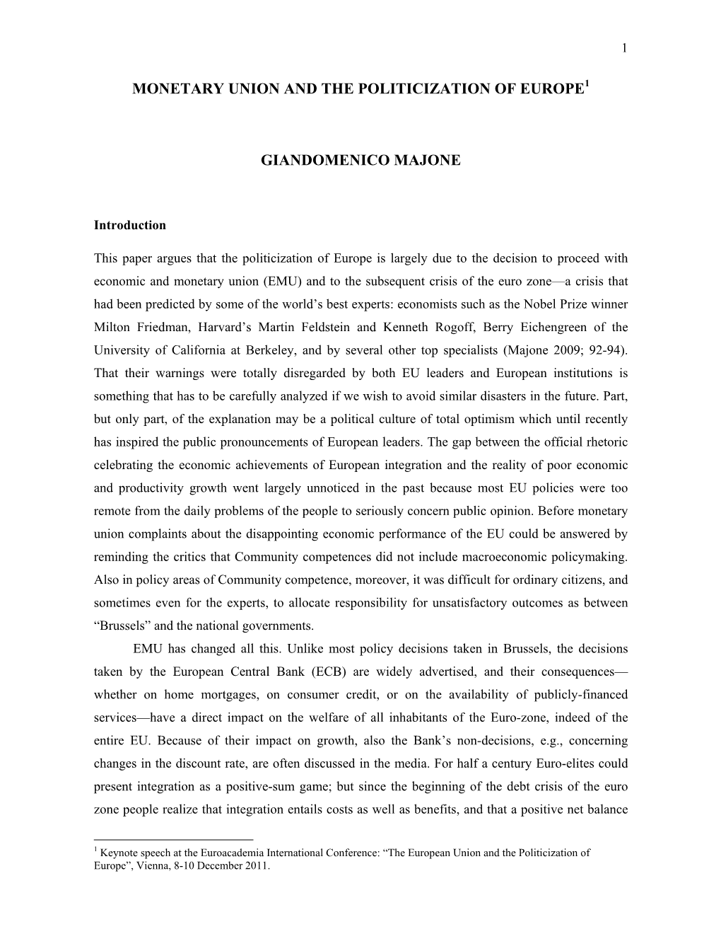 Giandomenico Majone-Monetary Union and the Politicization Of