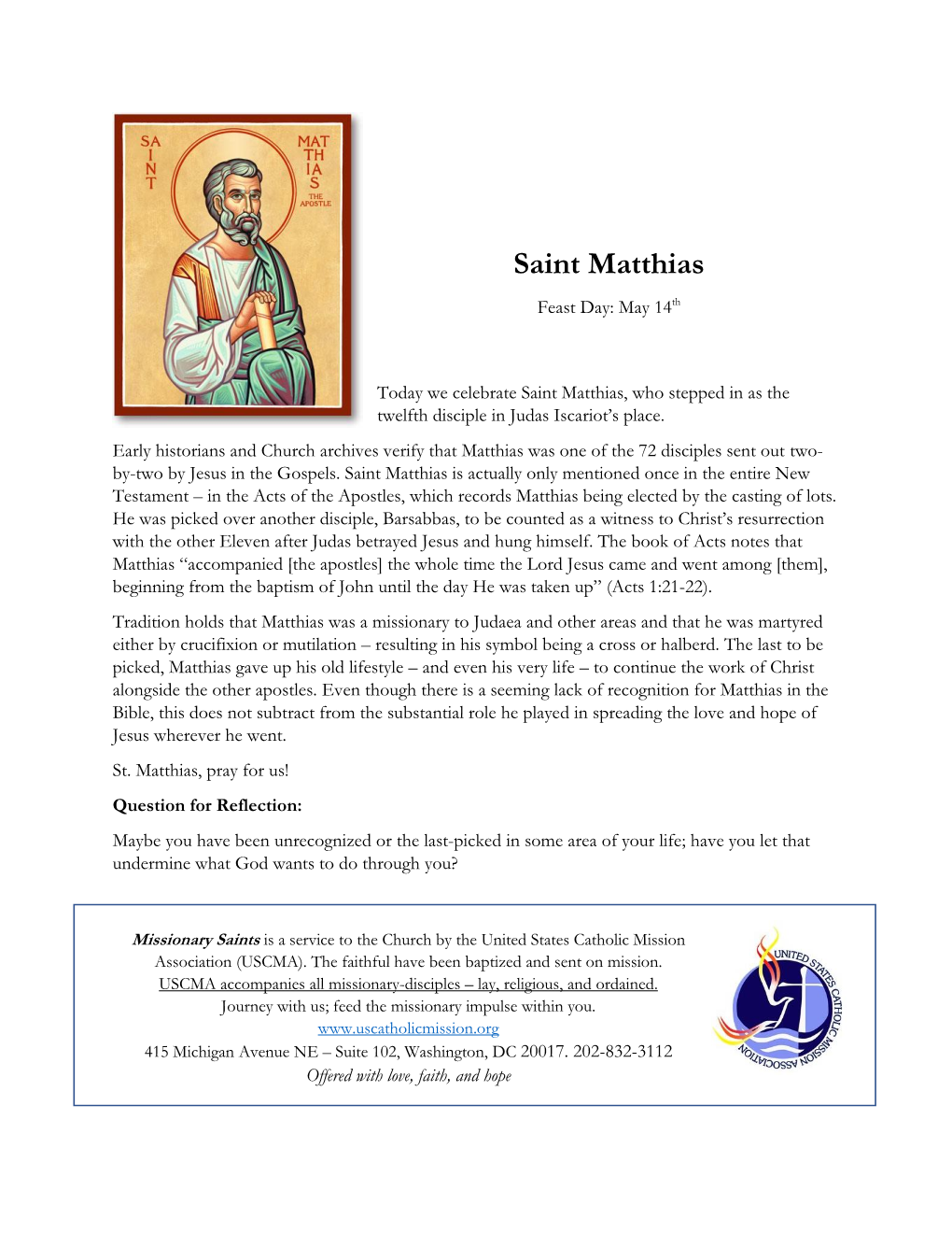 Saint Matthias Feast Day: May 14Th