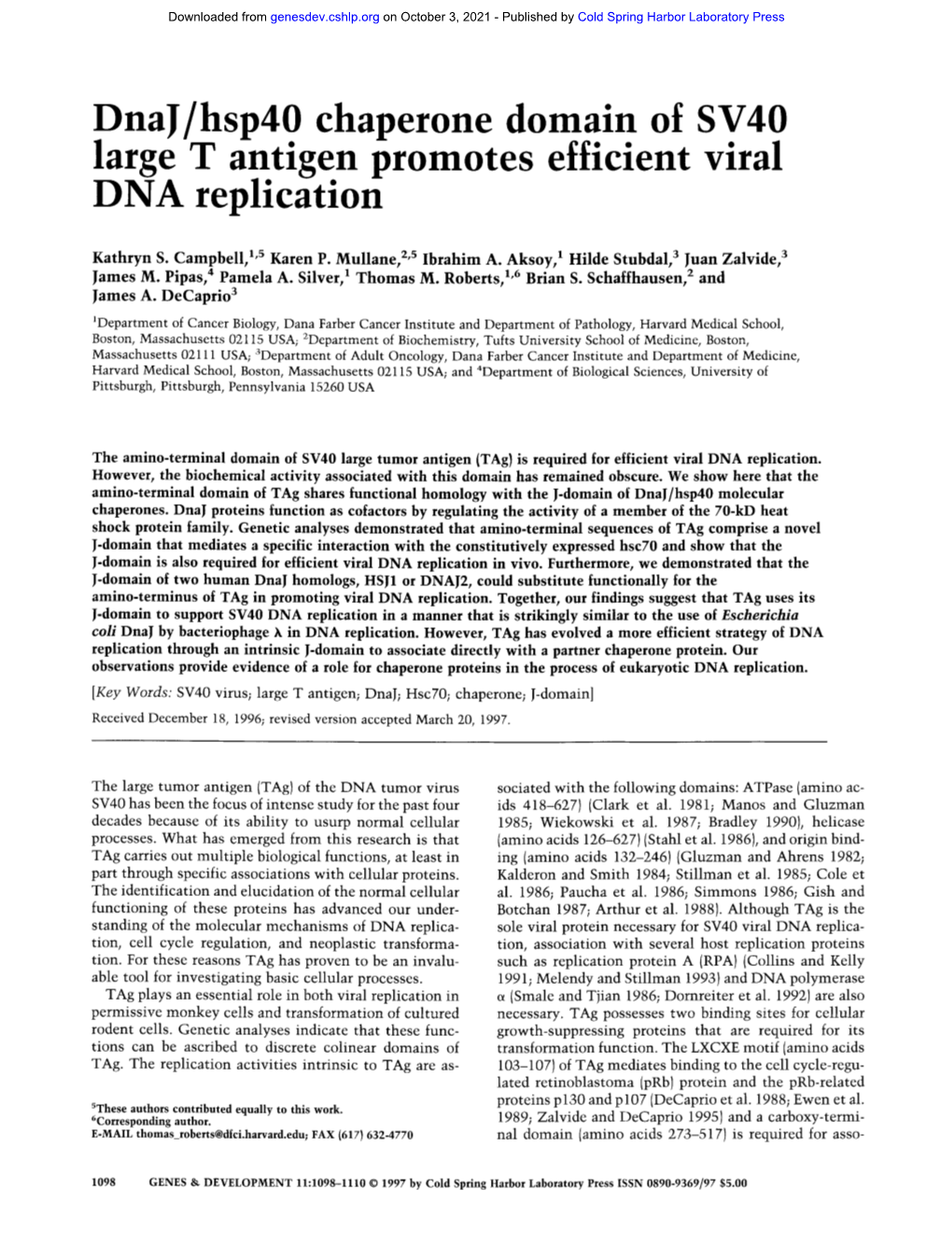 Dnaj/Hsp40 Chaperone Domain of SV40 Large T Antigen Promotes Efhclent Viral DNA Replication