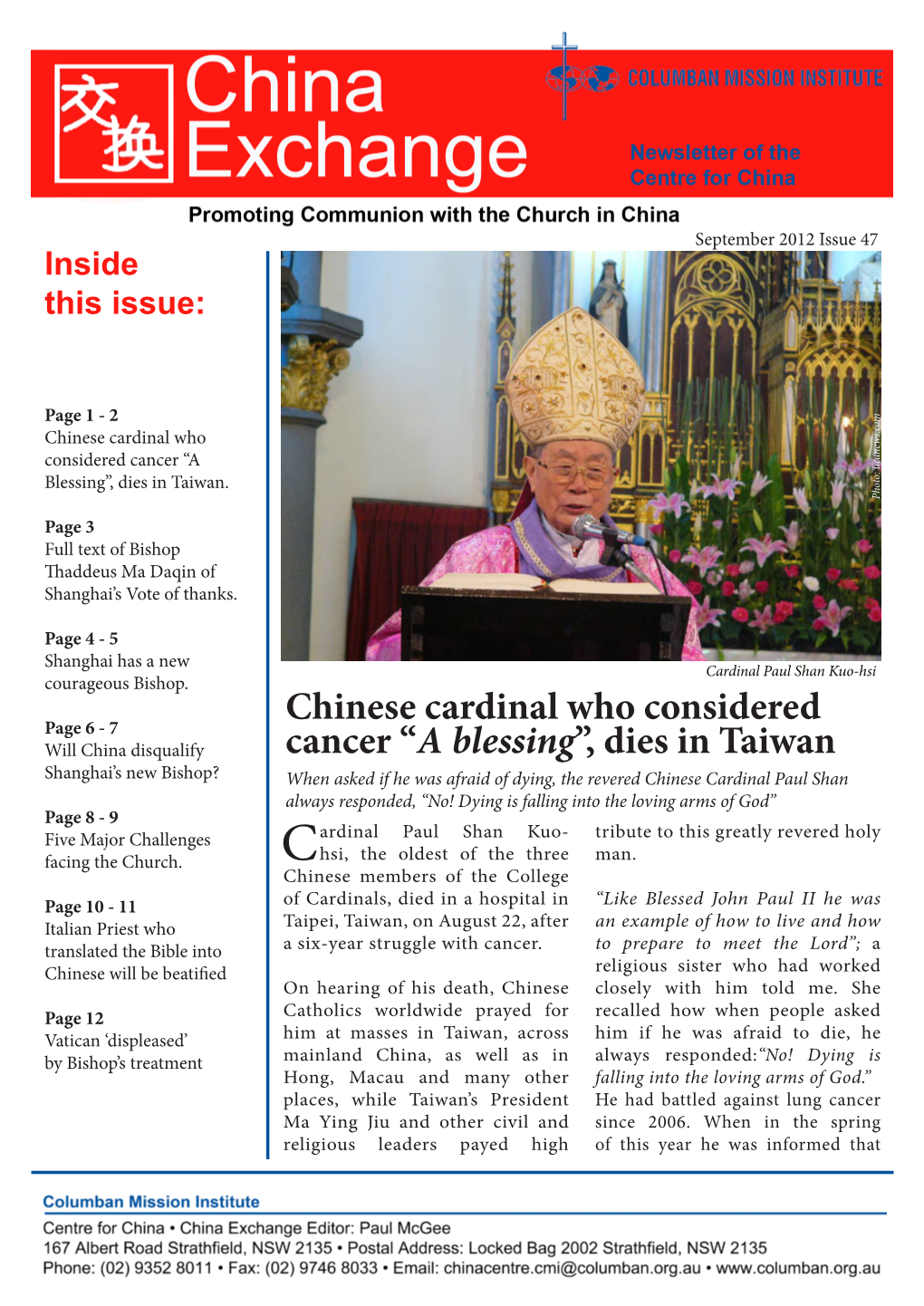 Chinese Cardinal Who Considered Cancer “A Blessing”, Dies in Taiwan