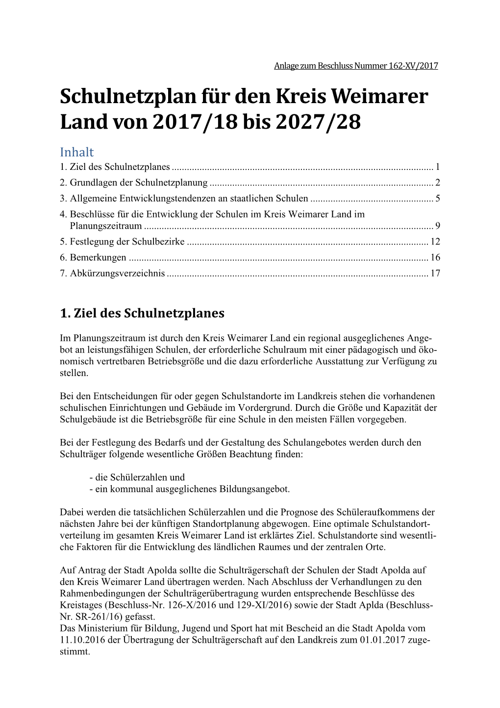 Schulnetzplan Für Den Kreis Weimarer Land Von 2017/18 Bis 2027/28 Inhalt 1