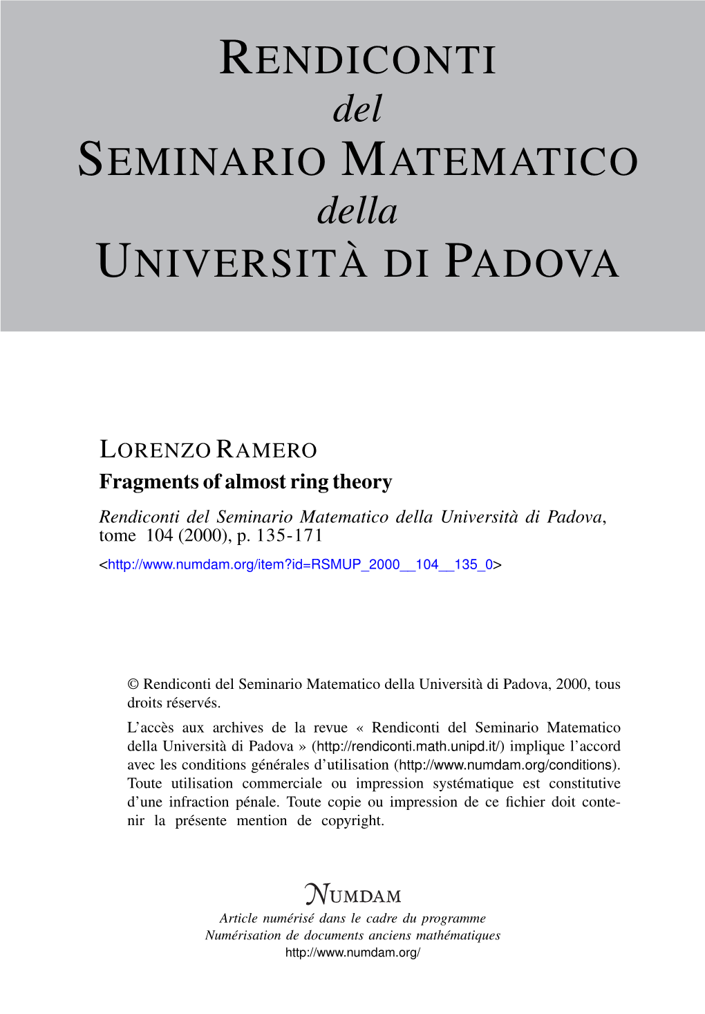 Fragments of Almost Ring Theory Rendiconti Del Seminario Matematico Della Università Di Padova, Tome 104 (2000), P