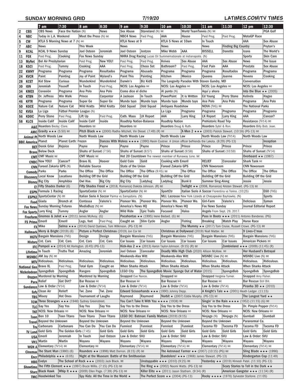 Sunday Morning Grid 7/19/20 Latimes.Com/Tv Times