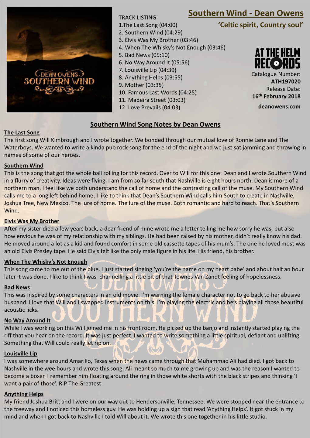 Southern Wind - Dean Owens 1.The Last Song (04:00) ‘Celtic Spirit, Country Soul’ 2