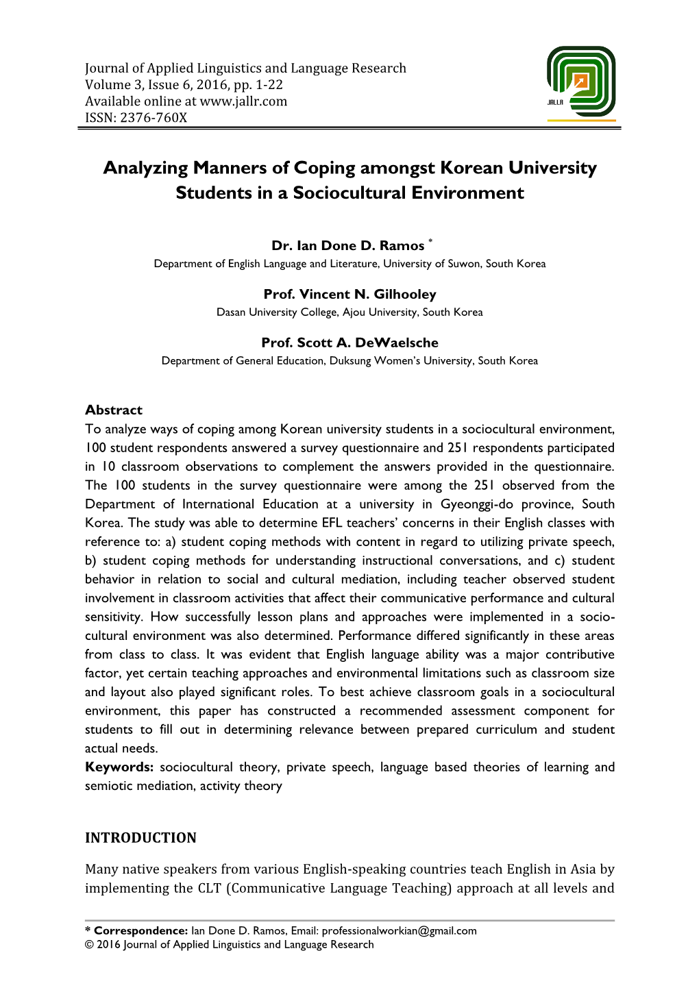 Analyzing Manners of Coping Amongst Korean University Students in a Sociocultural Environment