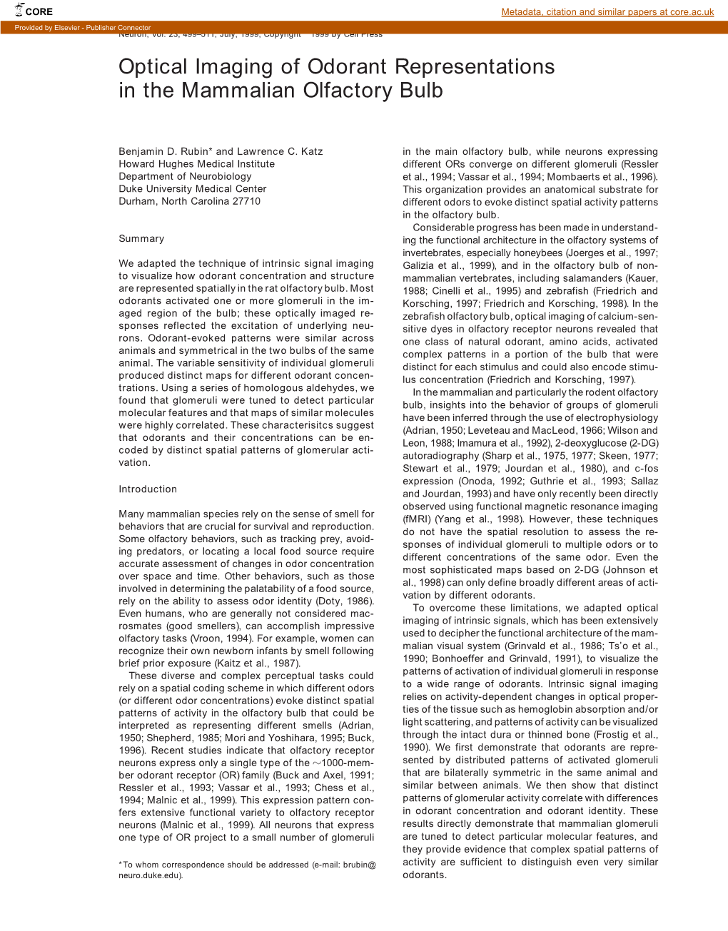 Optical Imaging of Odorant Representations in the Mammalian Olfactory Bulb