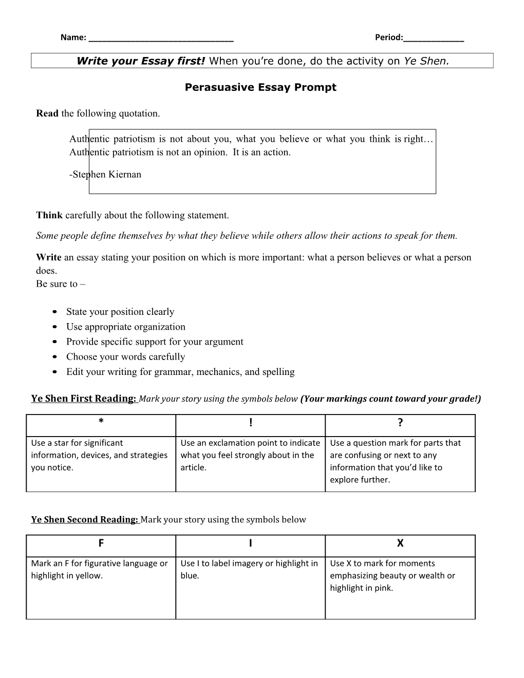 Write Your Essay First! When You Re Done, Do the Activity on Ye Shen