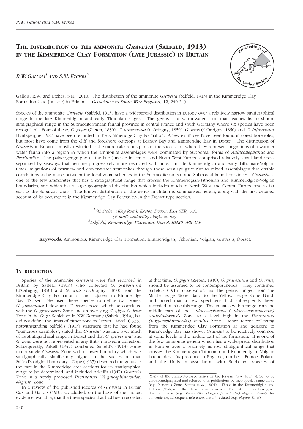 The Distribution of the Ammonite Gravesia (Salfeld, 1913) in the Kimmeridge Clay Formation (Late Jurassic) in Britain