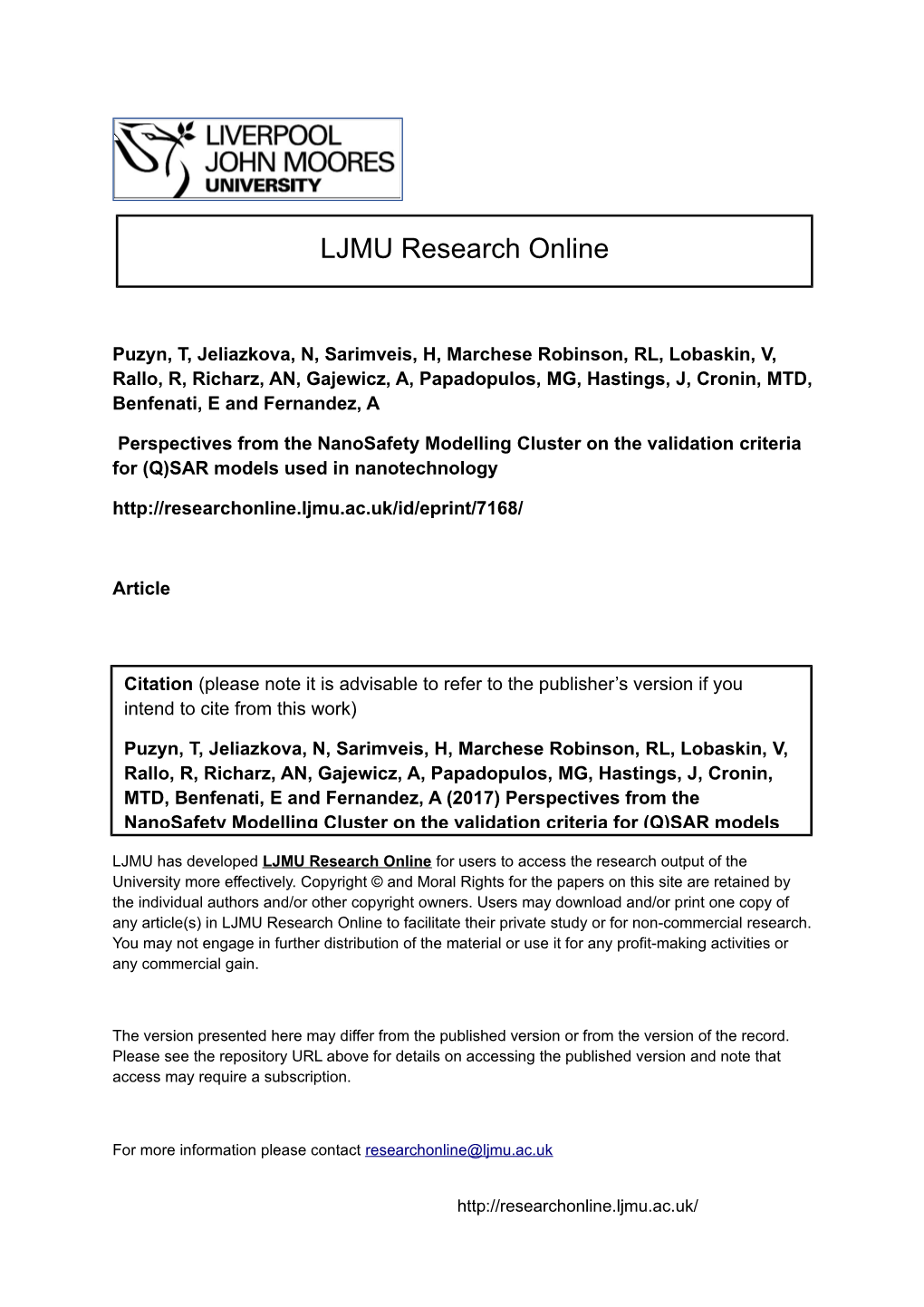 (Q)SAR Models Used in Nanotechnology