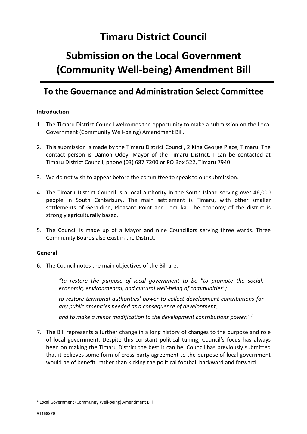 Timaru District Council Submission on the Local Government (Community Well-Being) Amendment Bill