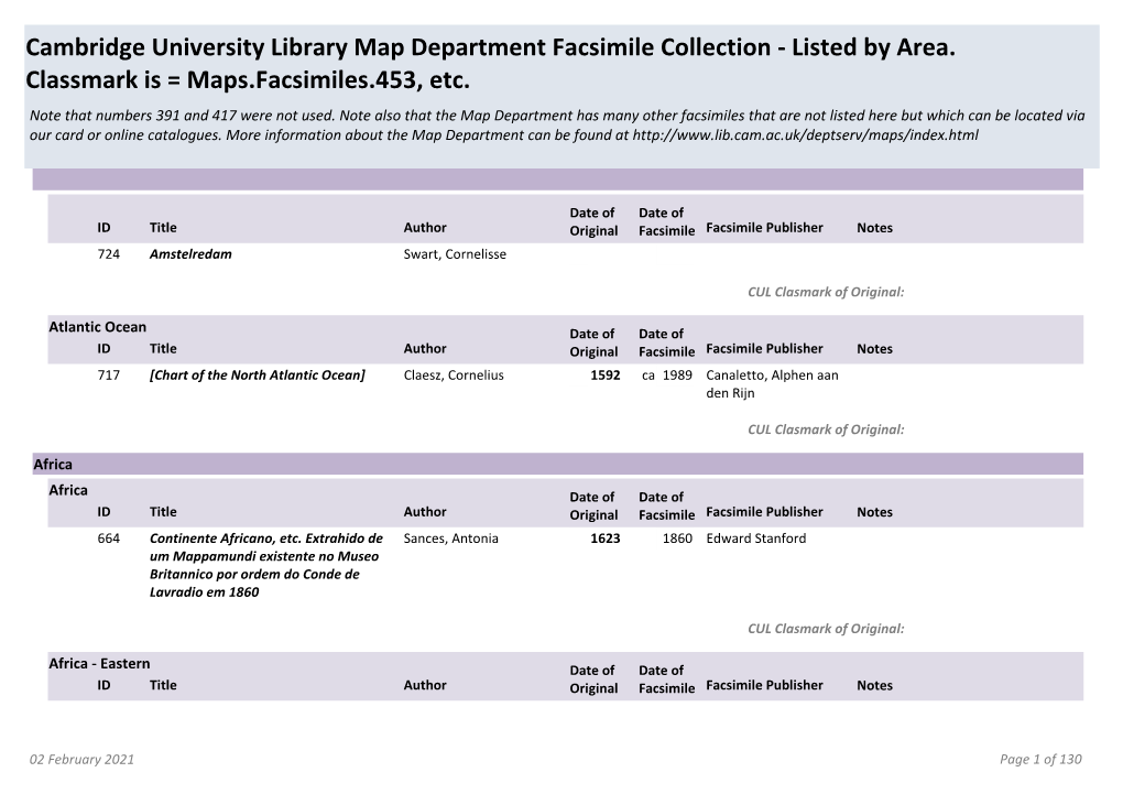 Cambridge University Library Map Department Facsimile Collection - Listed by Area