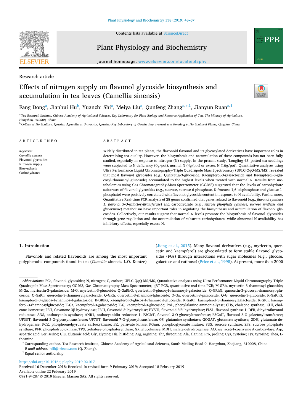 Effects of Nitrogen Supply on Flavonol Glycoside Biosynthesis And