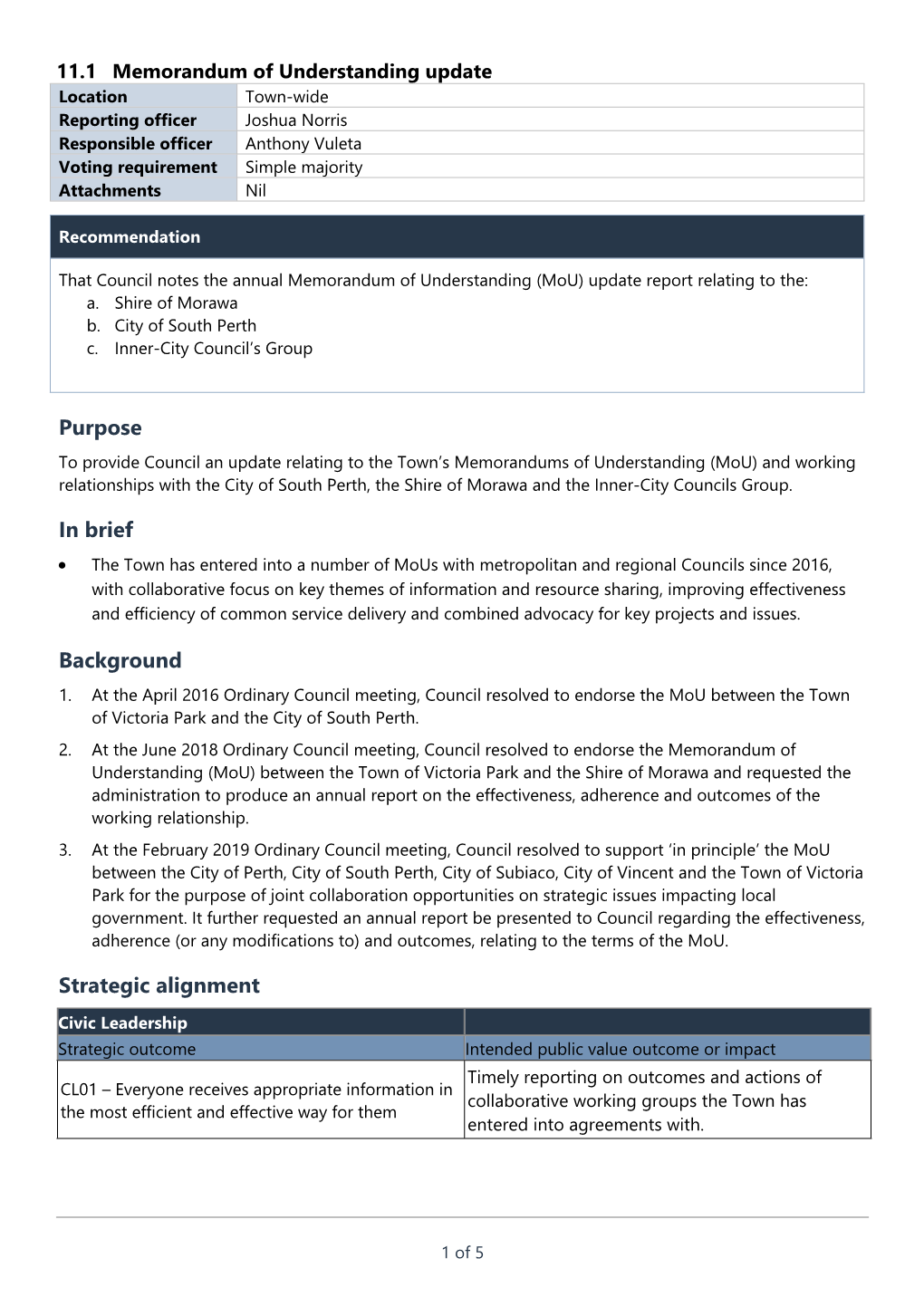 Memorandum of Understanding Update