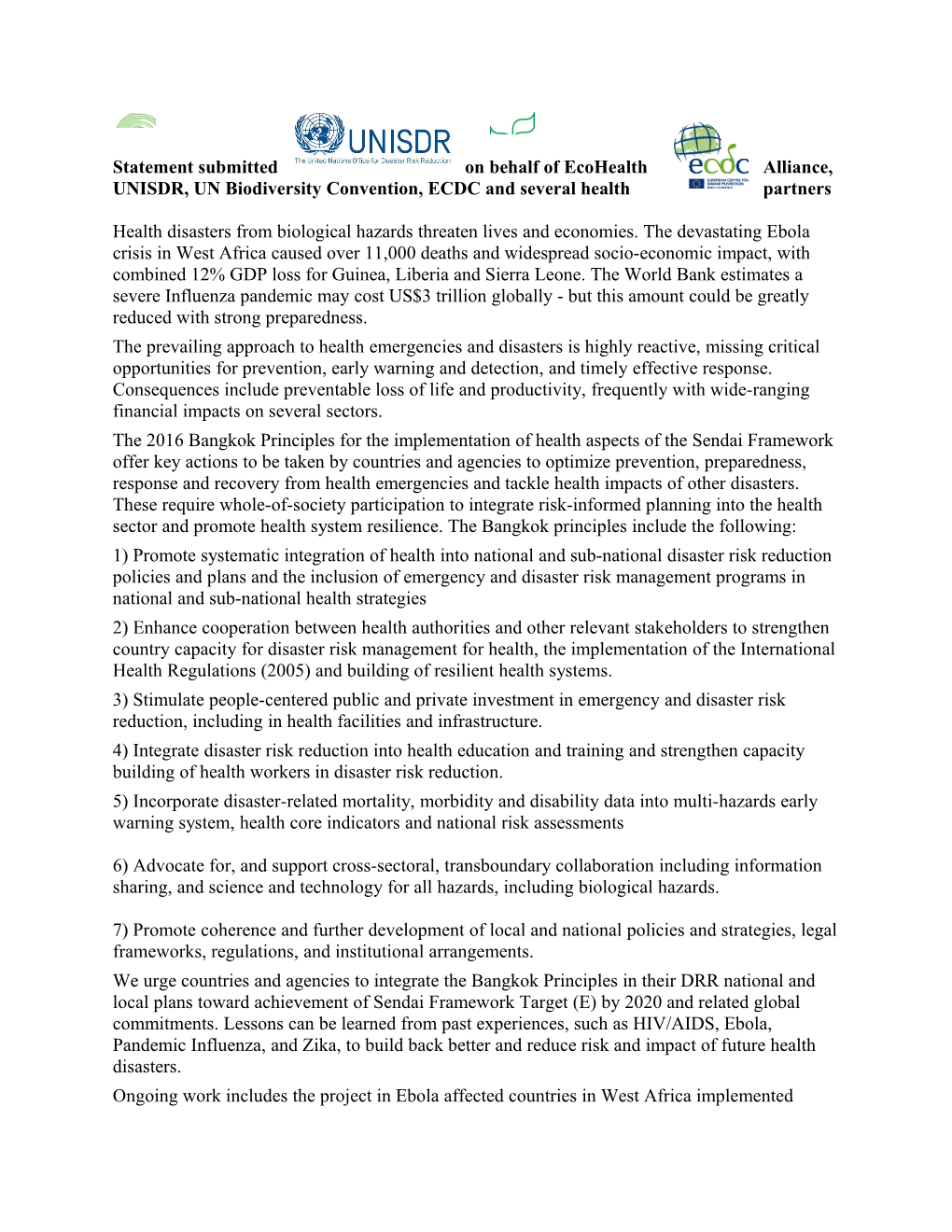 Statement Submitted on Behalf of Ecohealth Alliance, UNISDR, UN Biodiversity Convention