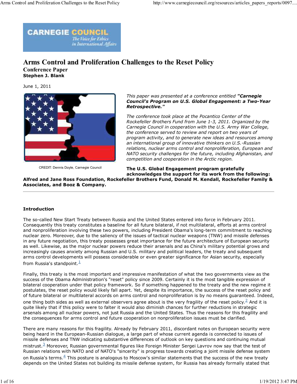 Arms Control and Proliferation Challenges to the Reset Policy