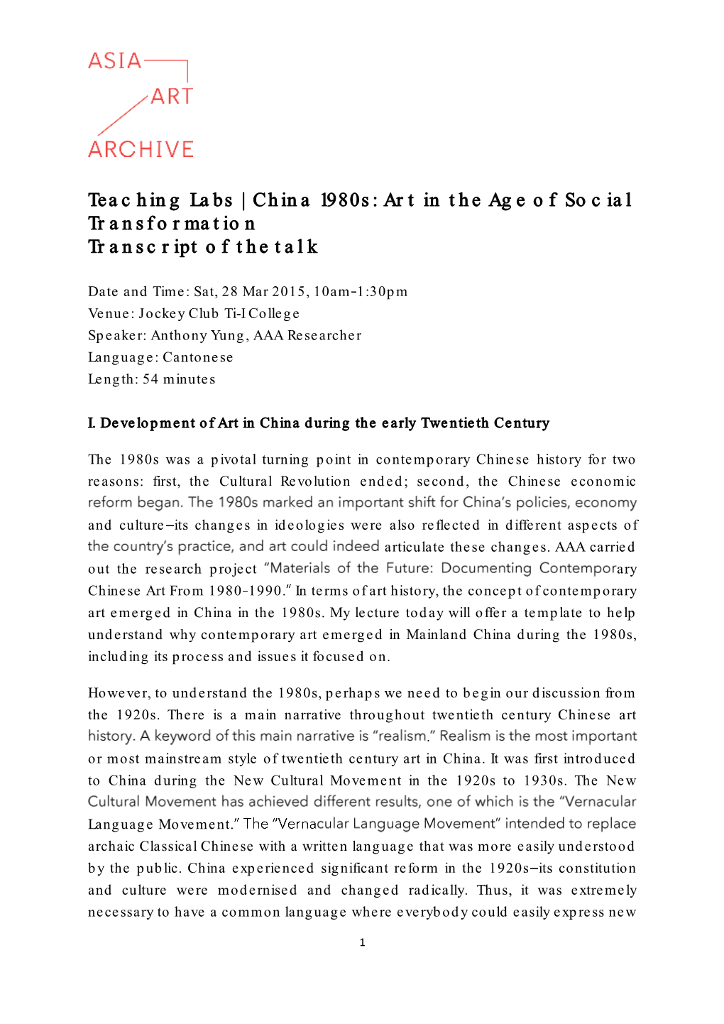 China 1980S: Art in the Age of Social Transformation Transcript of the Talk