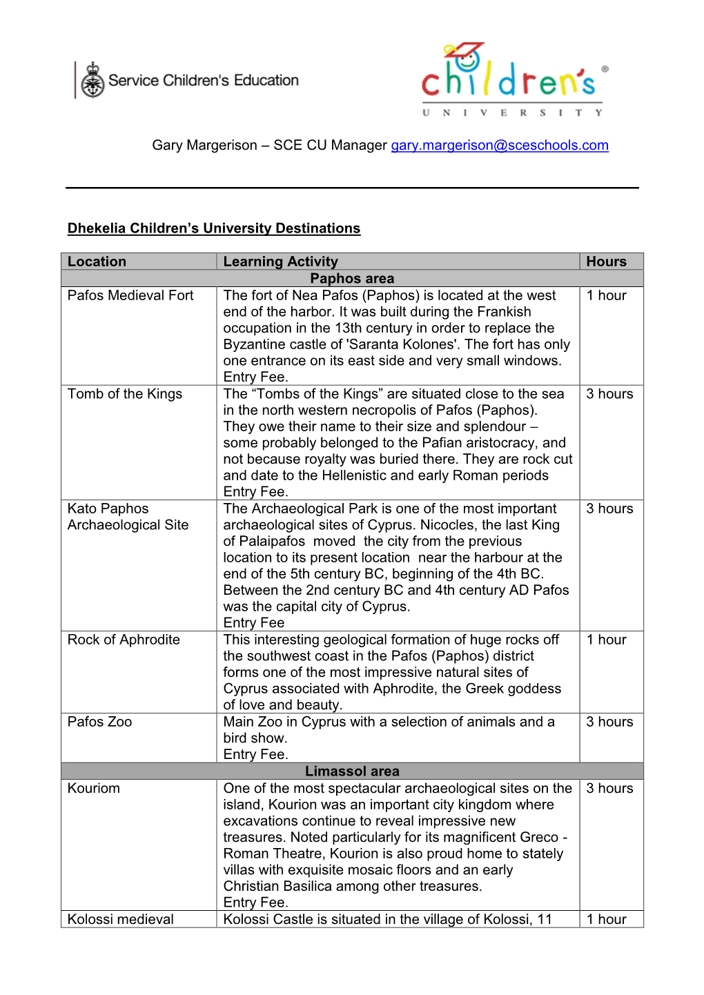 Dhekelia Children's University Destinations