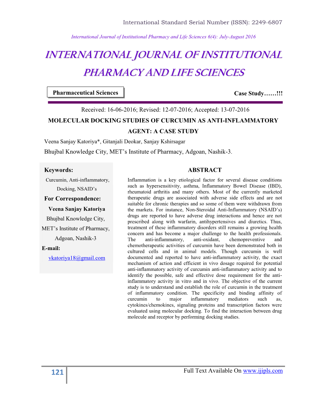 International Journal of Institutional Pharmacy and Life Sciences 6(4): July-August 2016