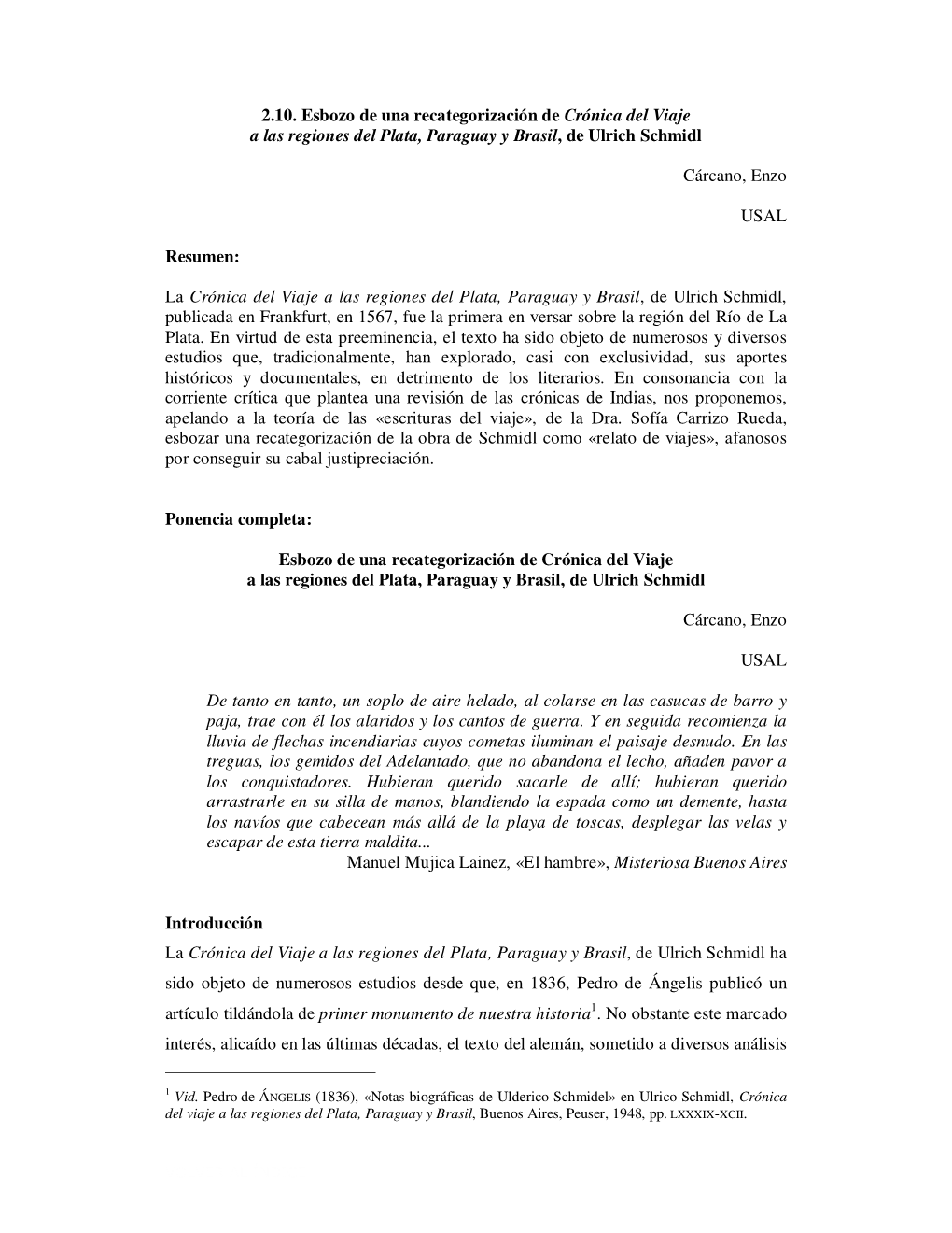 2.10. Esbozo De Una Recategorización De Crónica Del Viaje a Las Regiones Del Plata, Paraguay Y Brasil , De Ulrich Schmidl