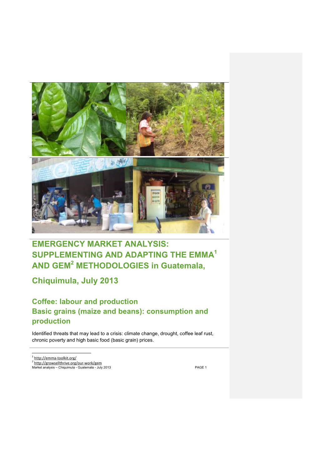 EMERGENCY MARKET ANALYSIS: SUPPLEMENTING and ADAPTING the EMMA1 and GEM2 METHODOLOGIES in Guatemala, Chiquimula, July 2013