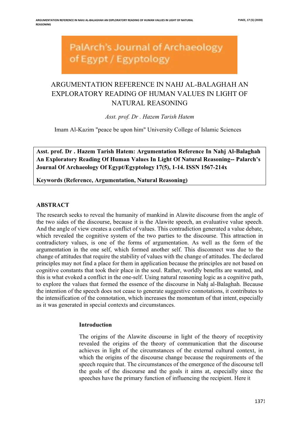 Argumentation Reference in Nahj Al-Balaghah an Exploratory Reading of Human Values in Light of Natural Pjaee, 17 (5) (2020) Reasoning