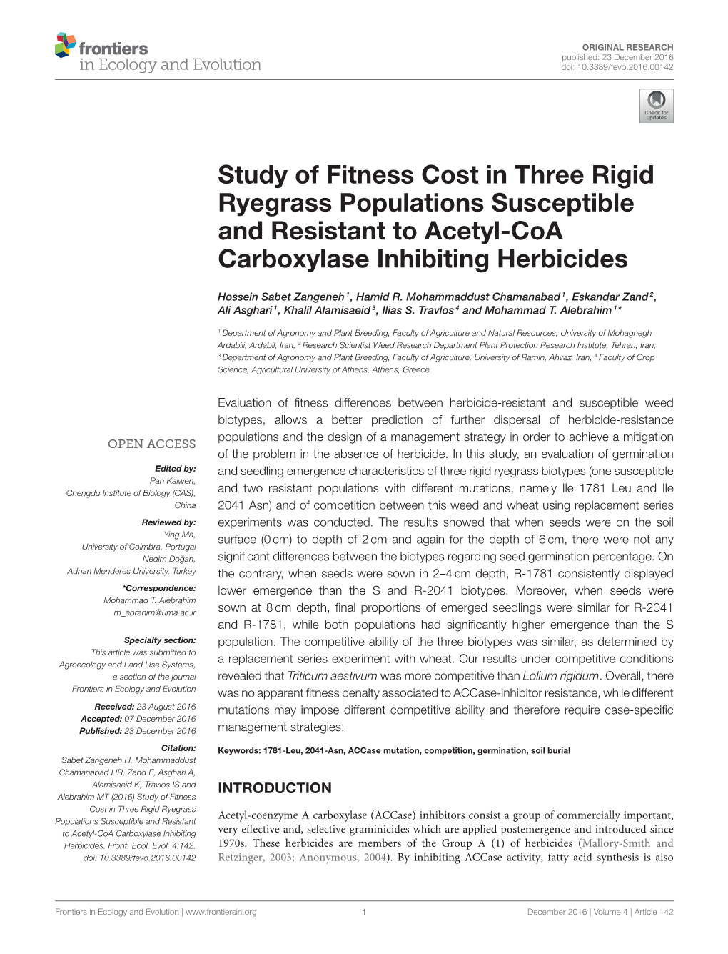 Study of Fitness Cost in Three Rigid Ryegrass Populations Susceptible and Resistant to Acetyl-Coa Carboxylase Inhibiting Herbicides