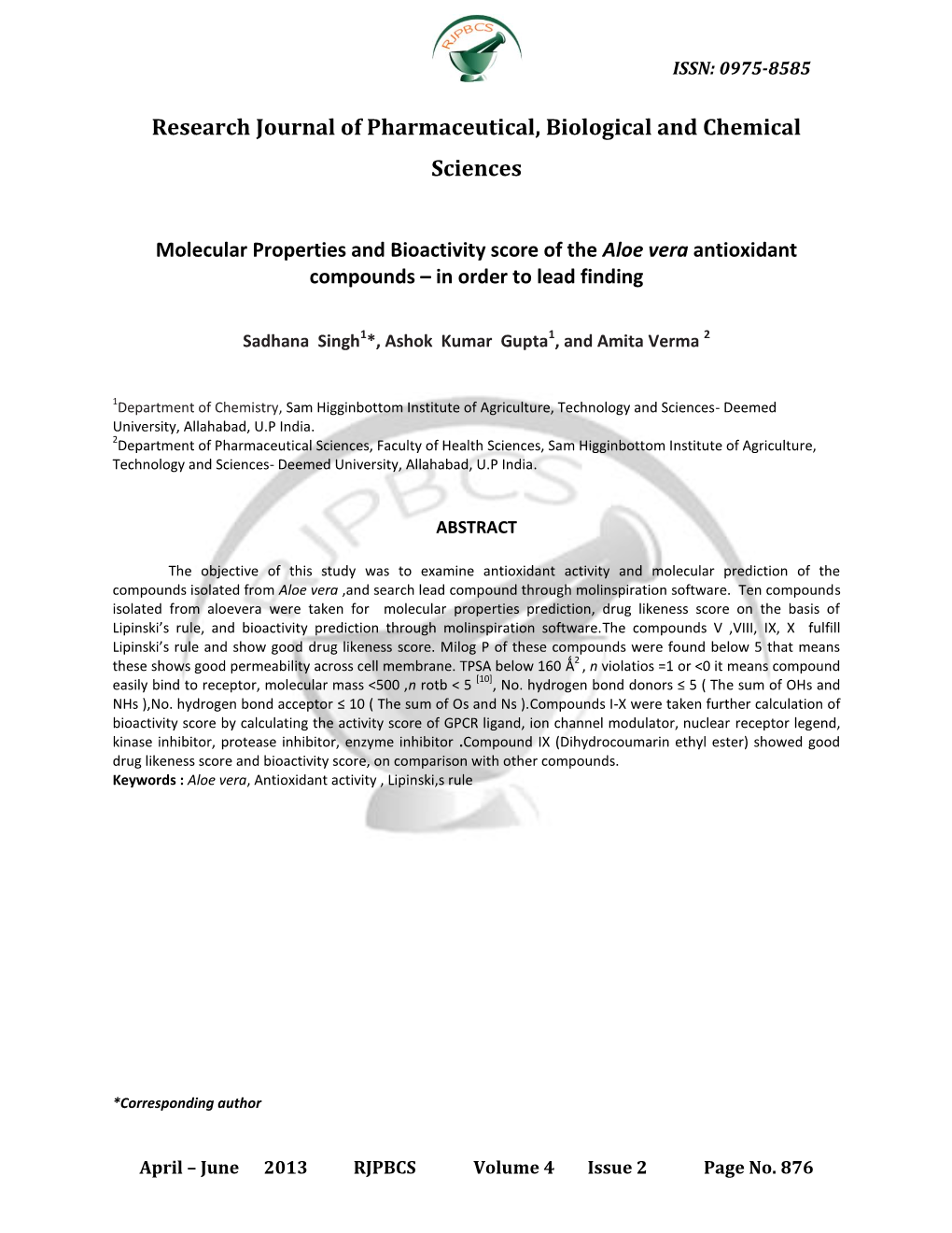 Molecular Properties and Bioactivity Score of the Aloe Vera Antioxidant Compounds – in Order to Lead Finding