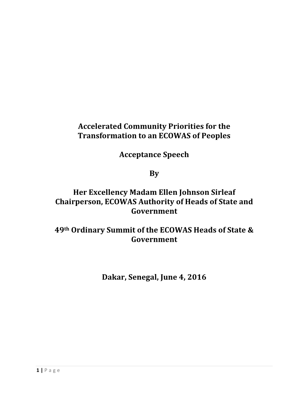 Accelerated Community Priorities for the Transformation to an ECOWAS of Peoples
