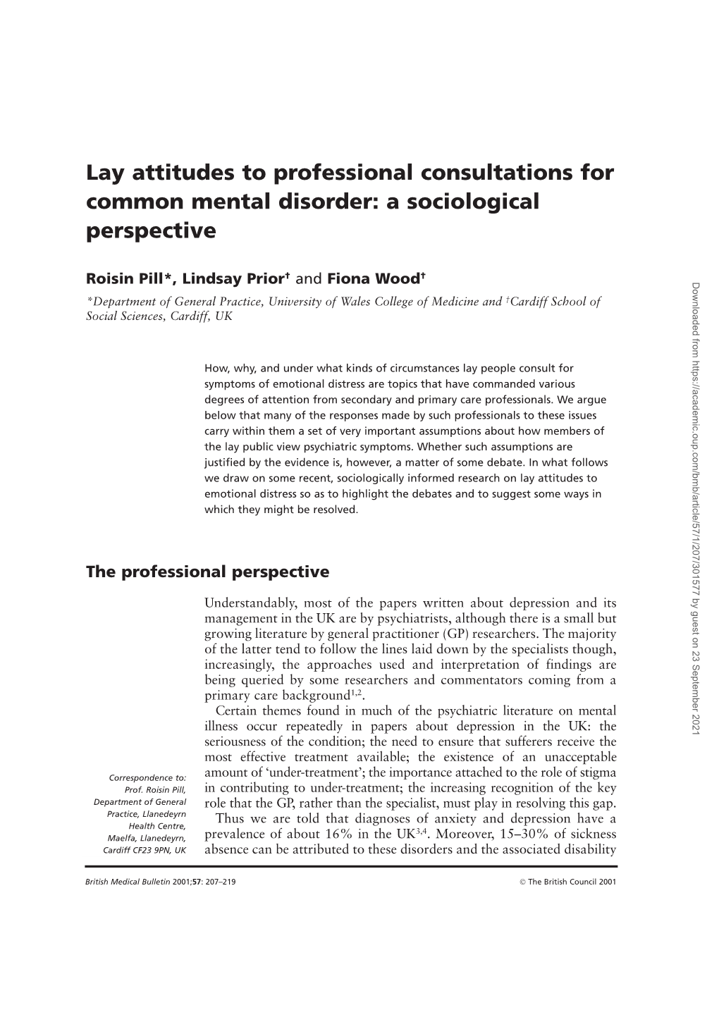 Lay Attitudes to Professional Consultations for Common Mental Disorder: a Sociological Perspective