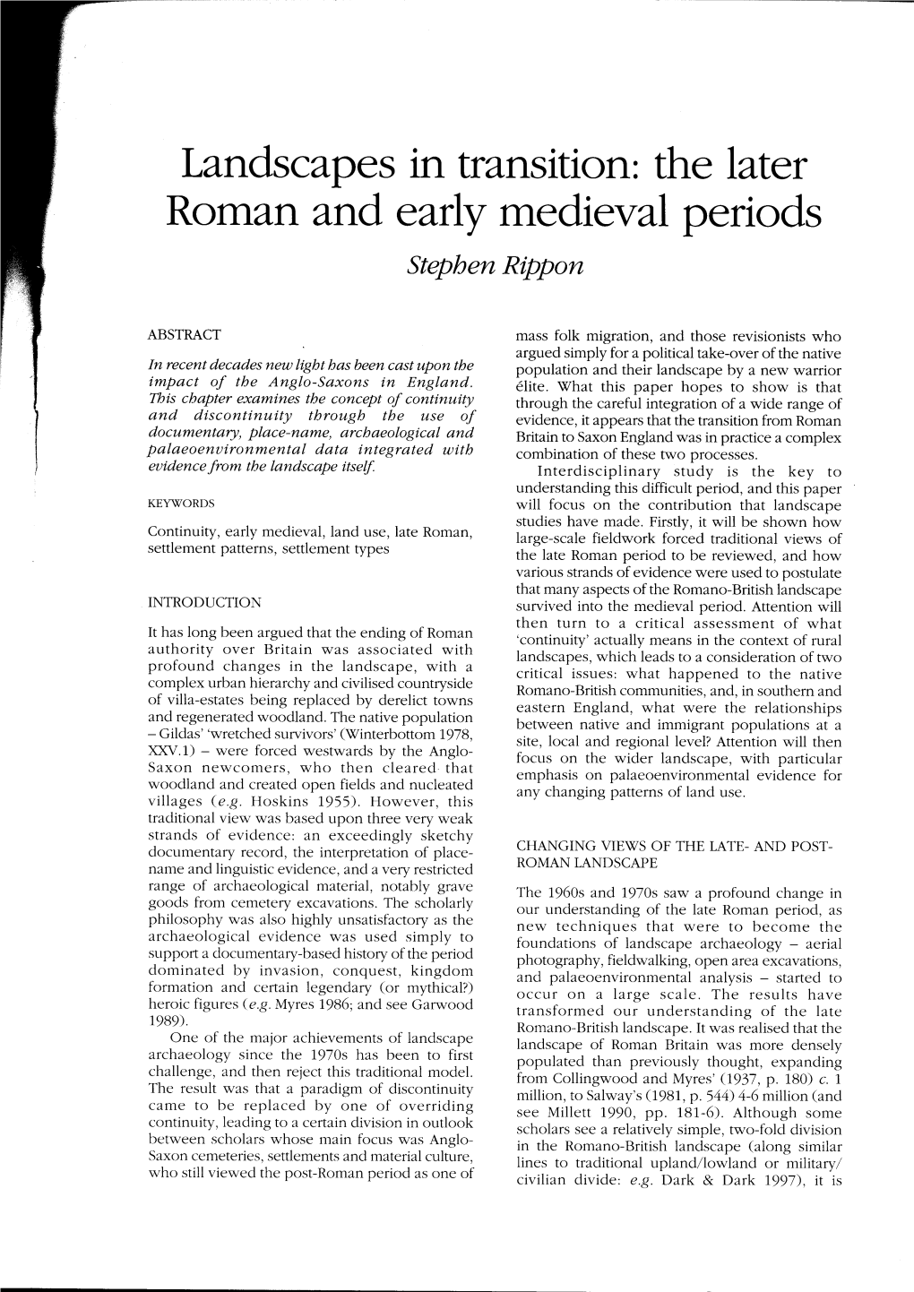 Landscapes in Transition: the Later Roman and Early Medieval Periods