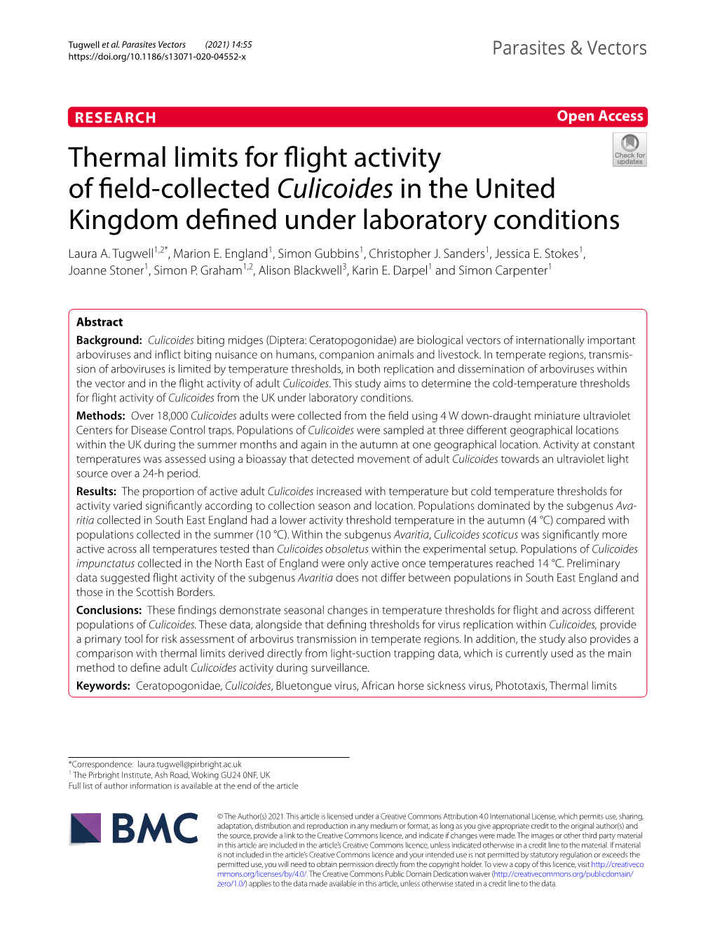 Thermal Limits for Flight Activity of Field-Collected Culicoides in The