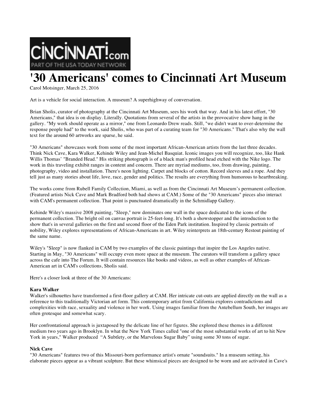 Comes to Cincinnati Art Museum Carol Motsinger, March 25, 2016