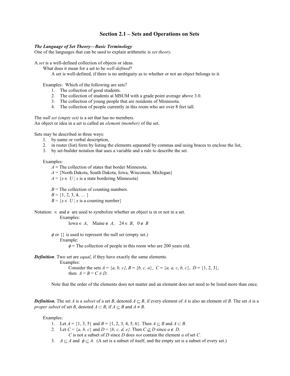 Section 2.1 Sets and Operations on Sets