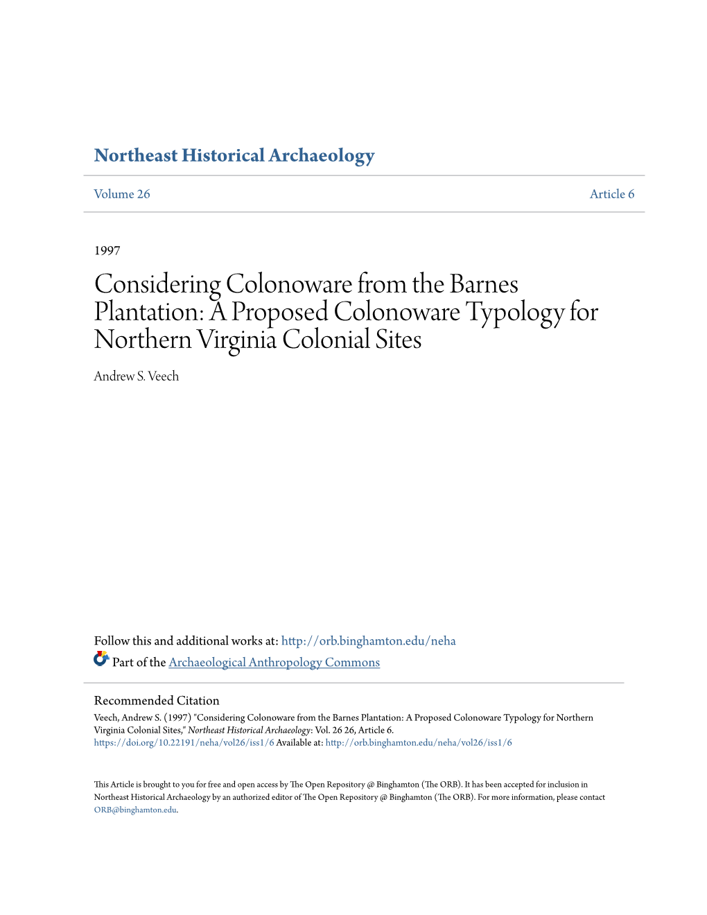 A Proposed Colonoware Typology for Northern Virginia Colonial Sites Andrew S