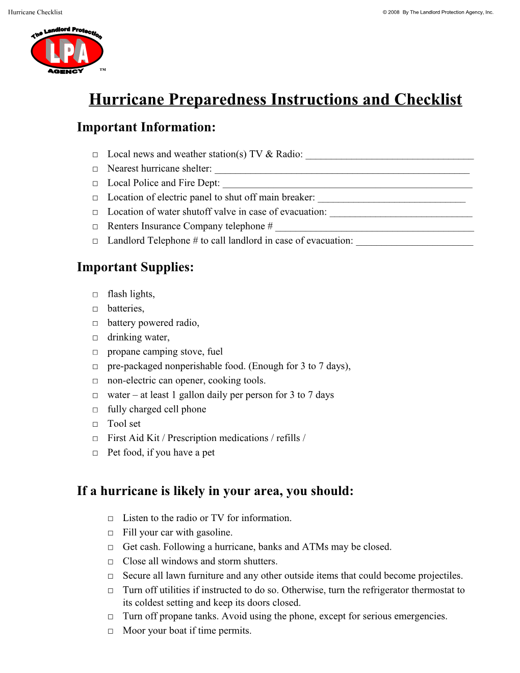 Hurricane Preparedness Instructions and Checklist