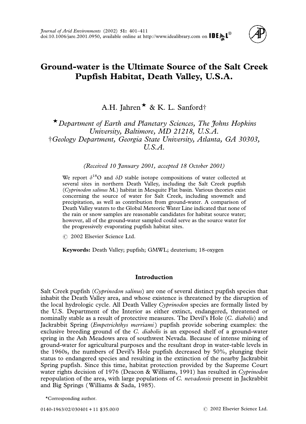 Ground-Water Is the Ultimate Source of the Salt Creek Pupfish Habitat, Death Valley, U.S.A