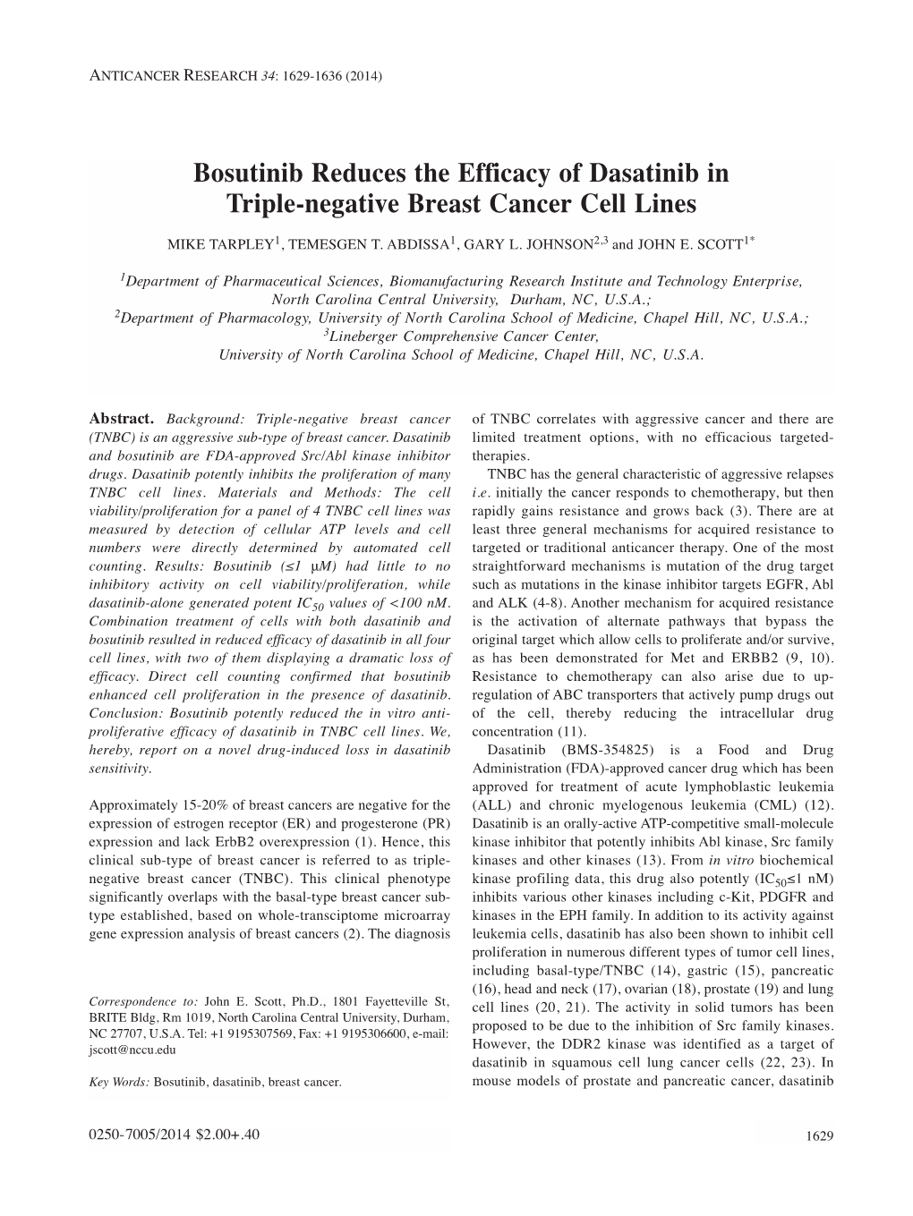 Bosutinib Reduces the Efficacy of Dasatinib in Triple-Negative Breast Cancer Cell Lines