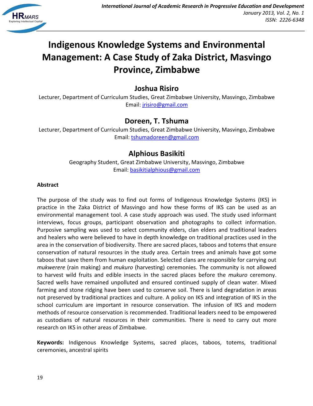 Indigenous Knowledge Systems and Environmental Management: a Case Study of Zaka District, Masvingo Province, Zimbabwe