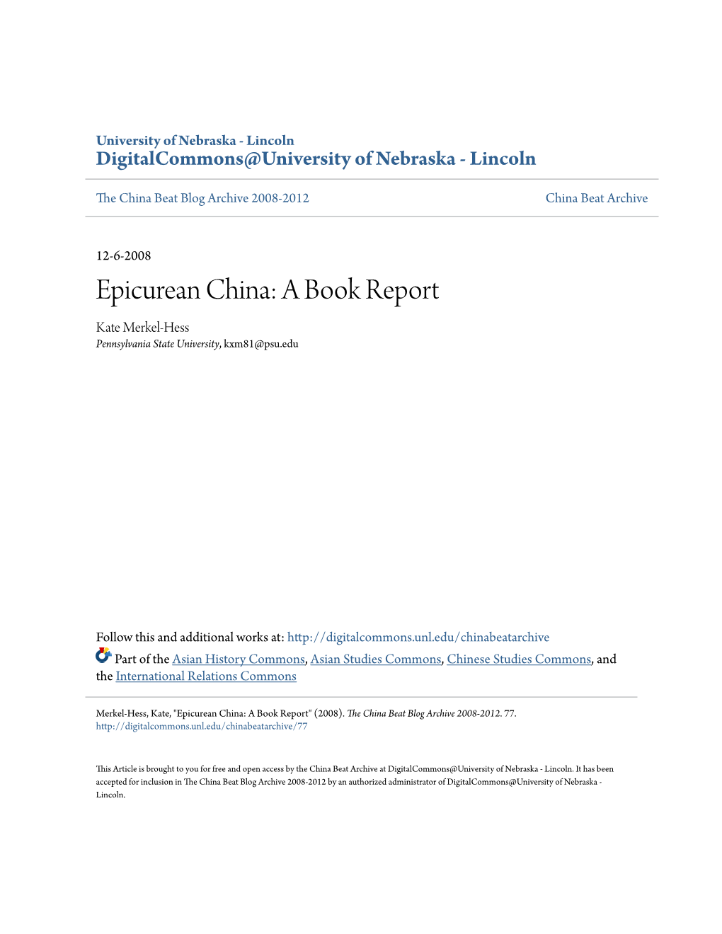 Epicurean China: a Book Report Kate Merkel-Hess Pennsylvania State University, Kxm81@Psu.Edu