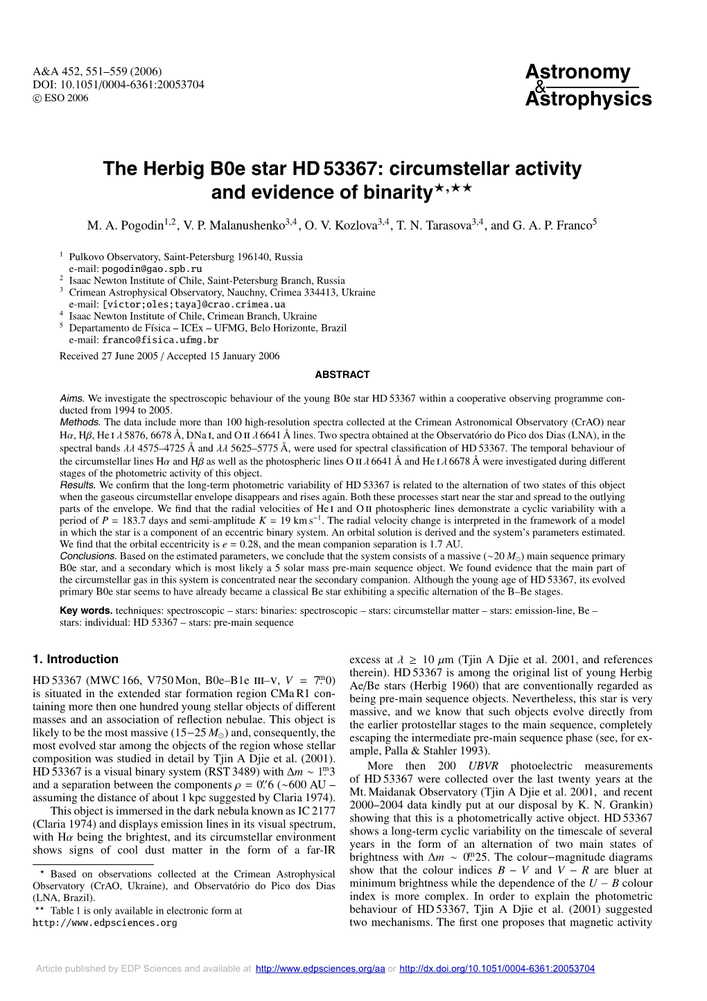 The Herbig B0e Star HD 53367: Circumstellar Activity and Evidence of Binarity�,