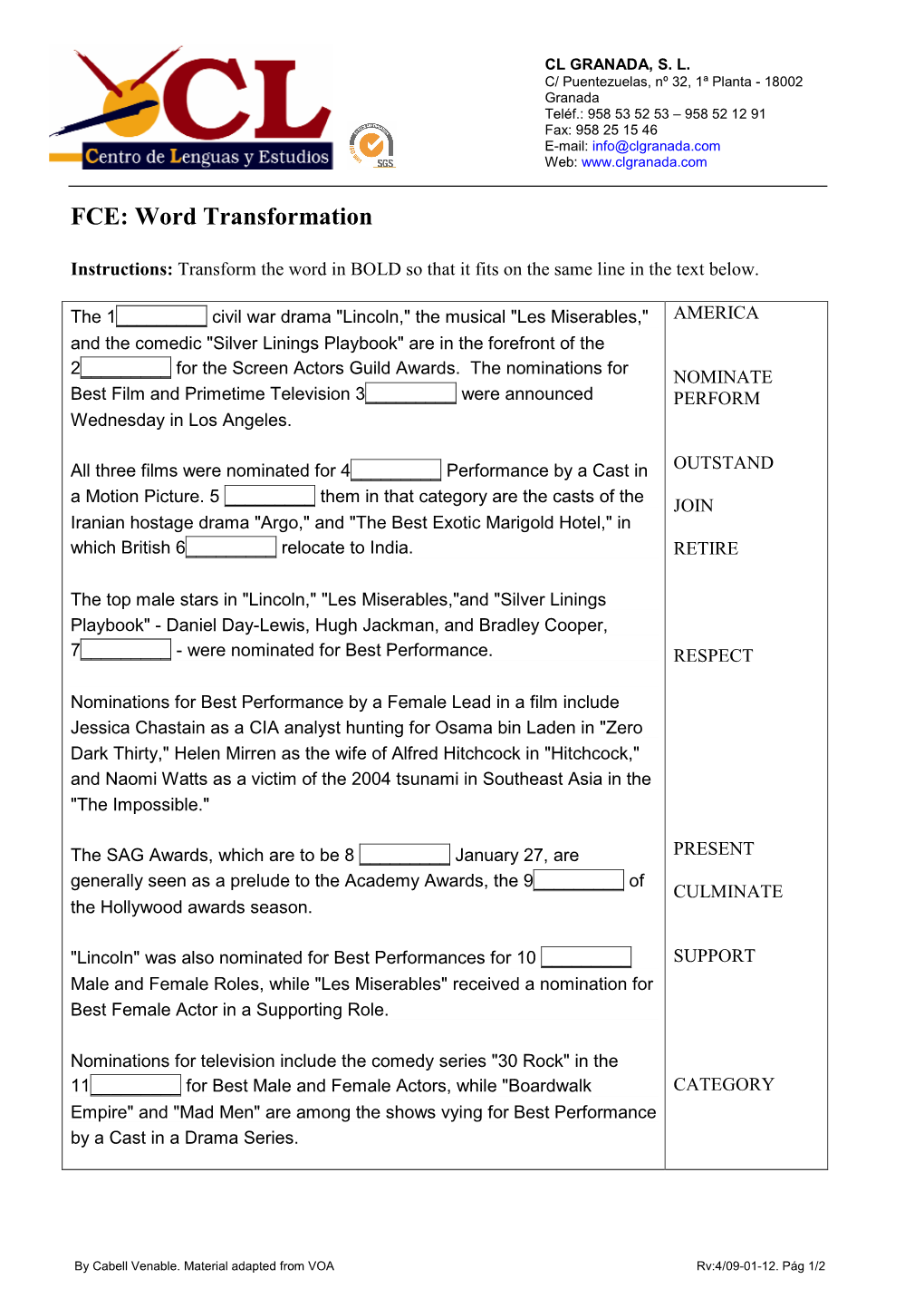 FCE Word Transformation SAG Nominations