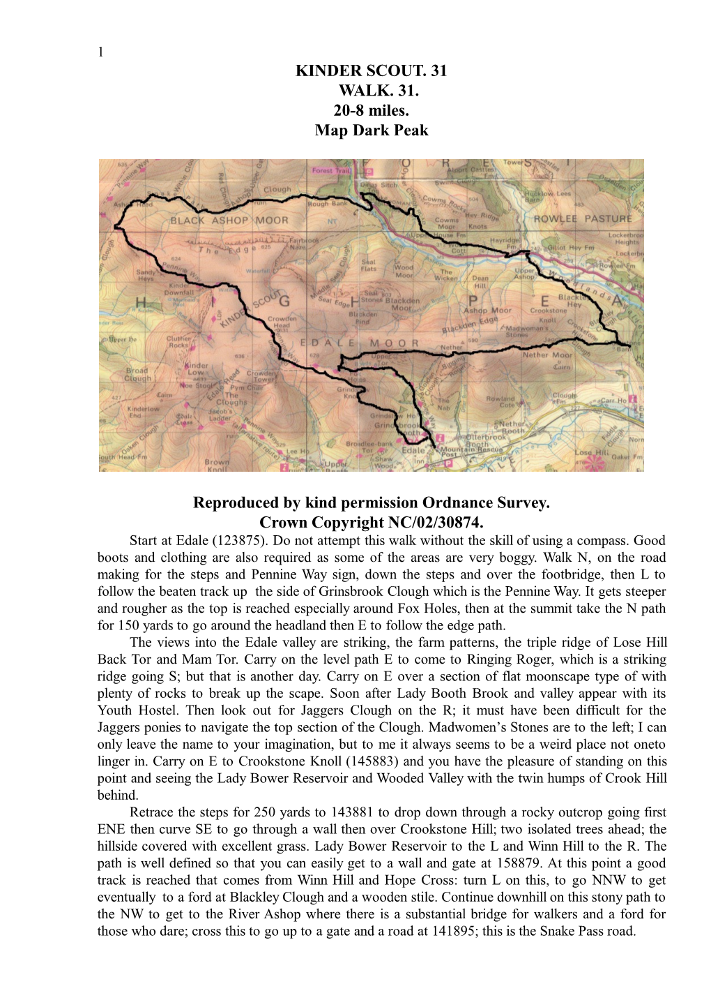 KINDER SCOUT. 31 WALK. 31. 20-8 Miles. Map Dark Peak Reproduced