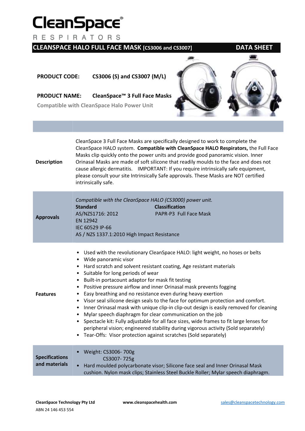 CLEANSPACE HALO FULL FACE MASK [CS3006 and CS3007] DATA SHEET