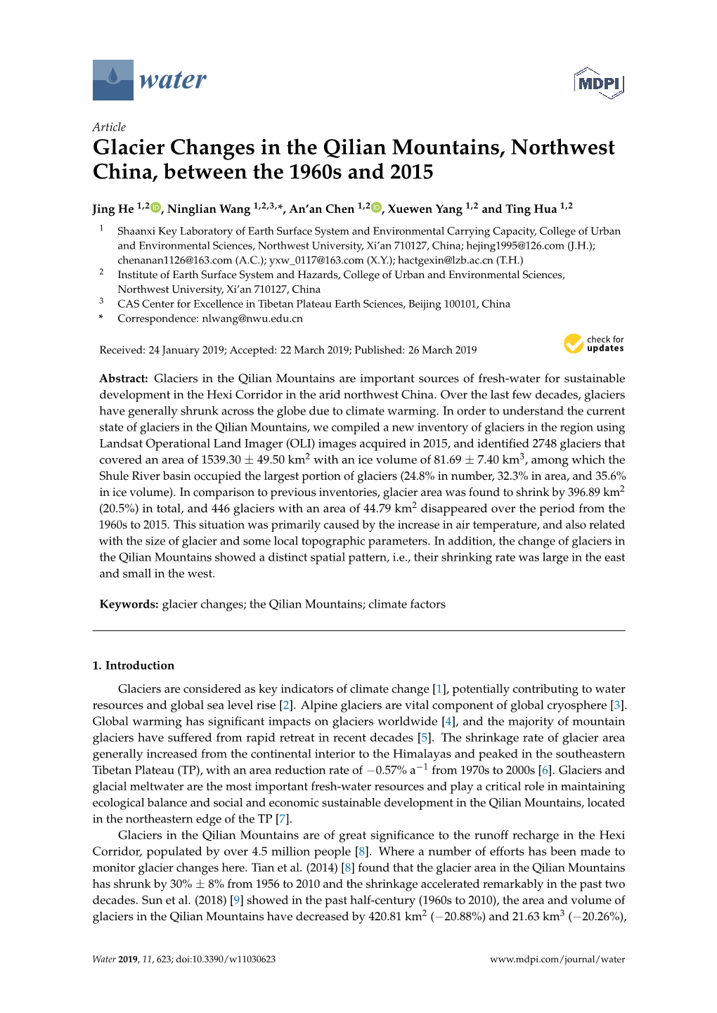 Glacier Changes in the Qilian Mountains, Northwest China, Between the 1960S and 2015