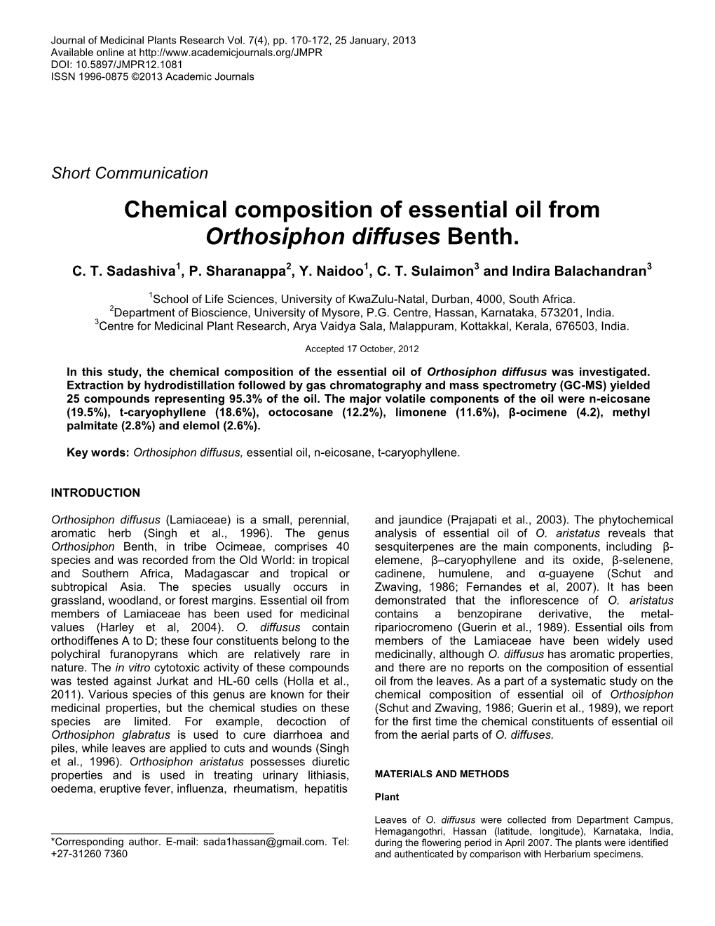 Chemical Composition of Essential Oil from Orthosiphon Diffuses Benth