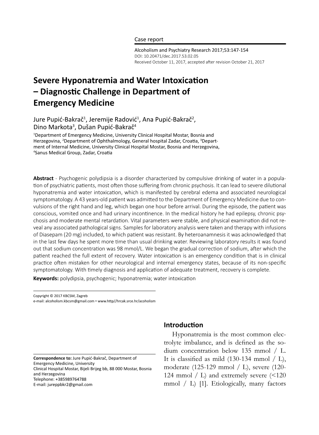 Severe Hyponatremia and Water Intoxication – Diagnostic Challenge in Department of Emergency Medicine